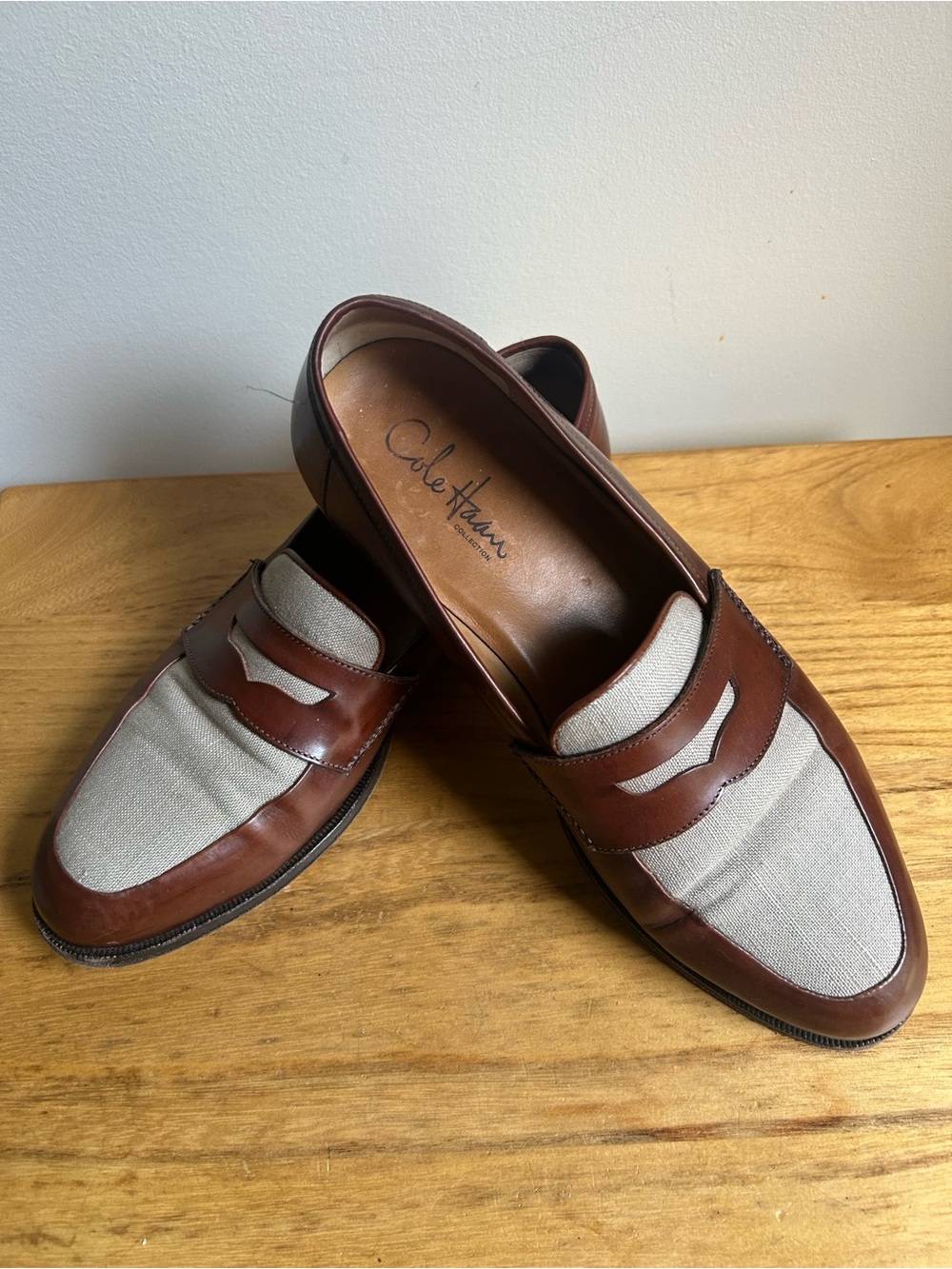 Cole Haan Brown Leather and Light Tan Fabric Penny Loafers